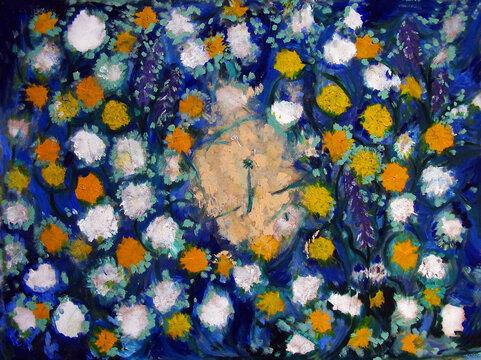 Withered dandelions. Dandelion seed. Prostrate warrior, oil painting