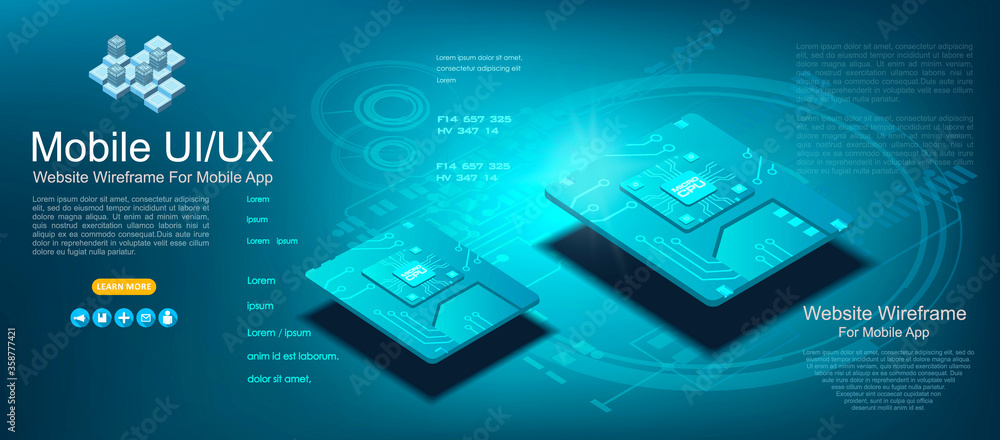 Poster futuristic microchip processor in isometric view. the concept of technology development of mobile si