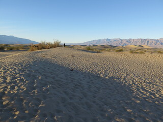a hiker on the Mesquite Flat Sand Dunes in the Death Valley National Park in the month of November, USA
