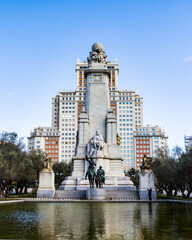 It's Don Quixote and Sancho Panza statue on the Plaza de Espana, Madrid, Spain. Fictional characters of Miguel Cervantes novel, who was a Spanish novelist, poet and playwright
