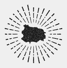 Vintage map of Ischia. Grunge sunburst around the island. Black Ischia shape with sun rays on white background. Vector illustration.