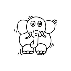 Cute little elephant in cartoon style on white background, vector illustration. Coloring page.