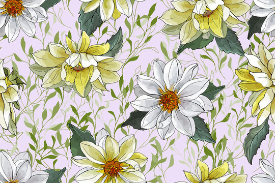 Pretty Floral Seamless Pattern with Yellow and White Dahlias and Green Leaves on Light Pink background. For Textile, Wallpapers, Print, Greeting. Vector Illustration.