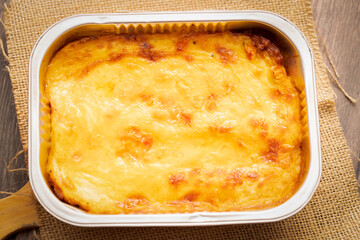 Beef and cheese lasagne in a tray