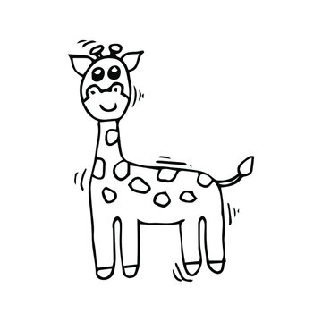 Cute little giraffe in cartoon style on white background, vector illustration. Coloring page.