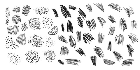 A set of different brushstrokes. Black scribbles on a white background.