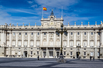 Fototapeta na wymiar It's Square near the Palacio Real (Royal Palace), Madrid, Spain. Royal Palace is the official residence of the Spanish Royal Family