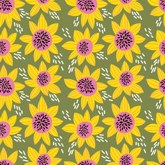 Vector seamless pattern with abstract sunflowers in trendy colors