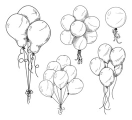 Set of different balloons. Inflatable balls on a string. Vector illustration
