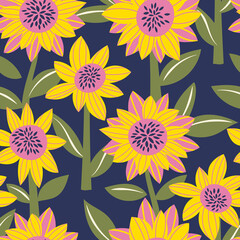 Vector seamless pattern with abstract sunflowers in trendy colors