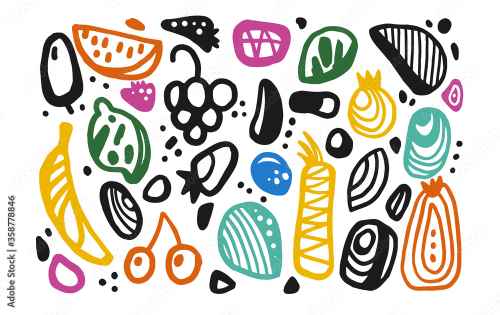 Poster a set of different elements in doodle style. isolated objects for design. abstract spots and fruits 