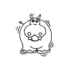 Cute little hippopotamus in cartoon style on white background, vector illustration. Coloring page.