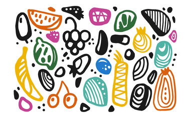 A set of different elements in Doodle style. Isolated objects for design. Abstract spots and fruits on the background.