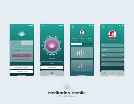 Mobile UI / UX Template Mockup - Wireframe Meditation App Concept