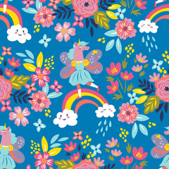 Fototapeta na wymiar Vector pattern with the girl in a mask of a unicorn with fairy wings and a magic wand in her hand walking on a rainbow over a flower meadow. Bright illustration in trendy colors is good for postcards.