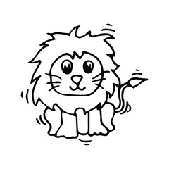 Obraz premium Cute little lion in cartoon style on white background, vector illustration. Coloring page.