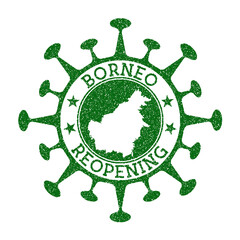 Borneo reopening stamp. Green round badge of island with map of Borneo. Island opening after lockdown. Vector illustration.