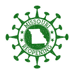 Missouri Reopening Stamp. Green round badge of US state with map of Missouri. US state opening after lockdown. Vector illustration.
