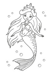 Princess mermaid coloring page.Black and white cartoon illustration