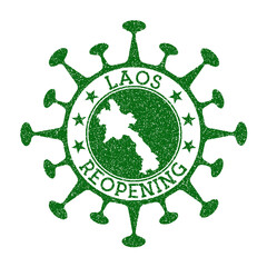 Laos reopening stamp. Green round badge of country with map of Laos. Country opening after lockdown. Vector illustration.