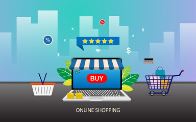 Shopping online illustration concept, using laptop or netbook for online shopping with tiny character, can be use for landing page, website, mobile web and application vector illustration.