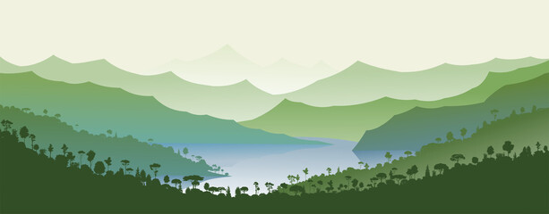 Obraz na płótnie Canvas Mountain lake landscape. Silhouettes. Foggy horizon. Vector illustration. Long away. 
