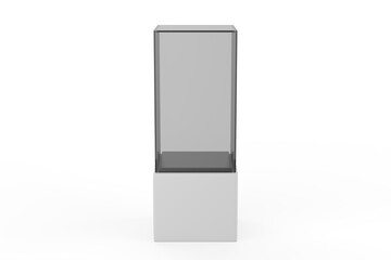 Empty glass showcase on pedestal mock up template. 3d illustarion