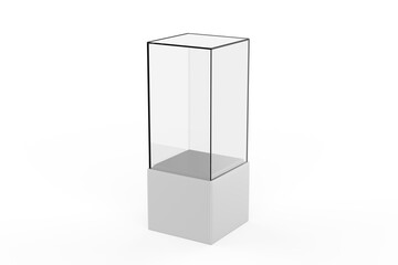 Empty glass showcase on pedestal mock up template. 3d illustarion