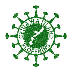 Okinawa Island Reopening Stamp. Green round badge of island with map of Okinawa Island. Island opening after lockdown. Vector illustration.