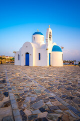 Cyprus. Protaras. Church of St. Nicholas in Cyprus. The Port Of Paralimni. Pernera. Blue and white...