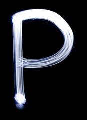 Handwrite letter P, made with light painting technic isolated on black. Light effect font of full alphabet set of upper case letters.