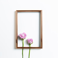 Empty photo frame with pink rose flowers on white background. Floral composition, flat lay, top view, copy space