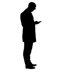 Man in a business suit is talking on a cell phone. Isolated silhouettes on a white background