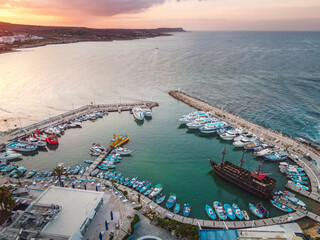 Aerial view over Ayia Napa Harbor - touristic attraction in famous beach destination in Cyprus