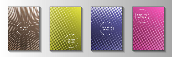 Modern dot faded screen tone title page templates vector set. Geometric poster perforated screen 