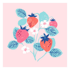 Vector card with strawberry hand drawn in pencil in trendy colors
