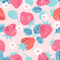Vector seamless pattern with strawberry hand drawn in pencil in trendy colors