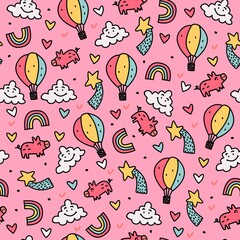 Vector seamless pattern-cute background with icons. Print for teenagers. Pink textiles. - 358781277