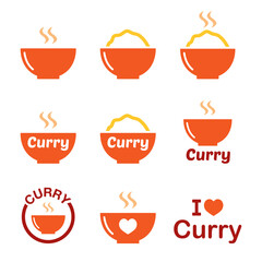Curry, Indian spicy food vector icons set - color design, resturant, take away, cooking idea
 