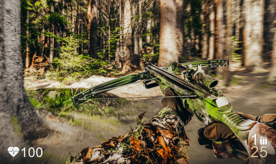 First person view shooter forest soldier in camouflage with crossbow.