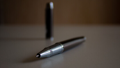 Beautiful dark pen with cap on grey office table. Concept.