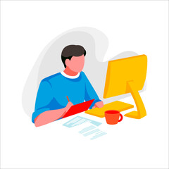 Male character studying mathematics online. Concept e-learning and education via internet.Man learns on computer isolated on white background. Student at university or college.Flat vector illustration