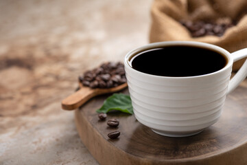 space black coffee and bean in sack food background