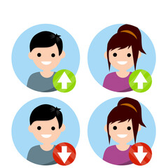 Set of avatars of man and woman in circle for social network. Red and green Arrow up and down. Statistics, top and ranking. Flat cartoon. Young boy and girl. Human head. Rise and fall icon