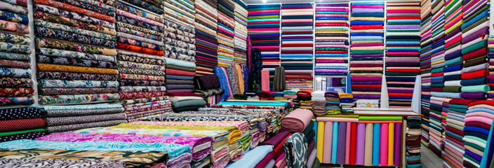 Clothes in shop, Rolls of fabric and textiles for sale stacked on shelves in shop, View of cloth...