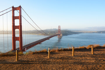 San Francisco California USA - August 17, 2019: Golden Bridge viewed from Battery Spencer at sunrise