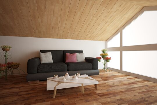 modern attic room with sofa,pillows,plants, table with tea set interior design. 3D illustration