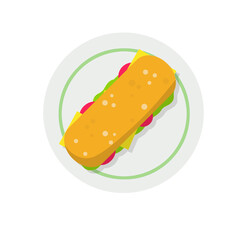 Sandwich and Long burger with meat and vegetables. Cartoon flat illustration. Ciabatta bread. Street food and fast food element