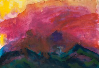 Abstract watercolor painting, a late sunset over the mountains.