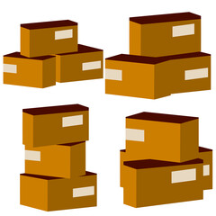 Set of parcels in cardboard boxes. Warehouse and mail item. Delivery of cargo. Packed goods. Brown objects. Square carton. Cartoon flat illustration
